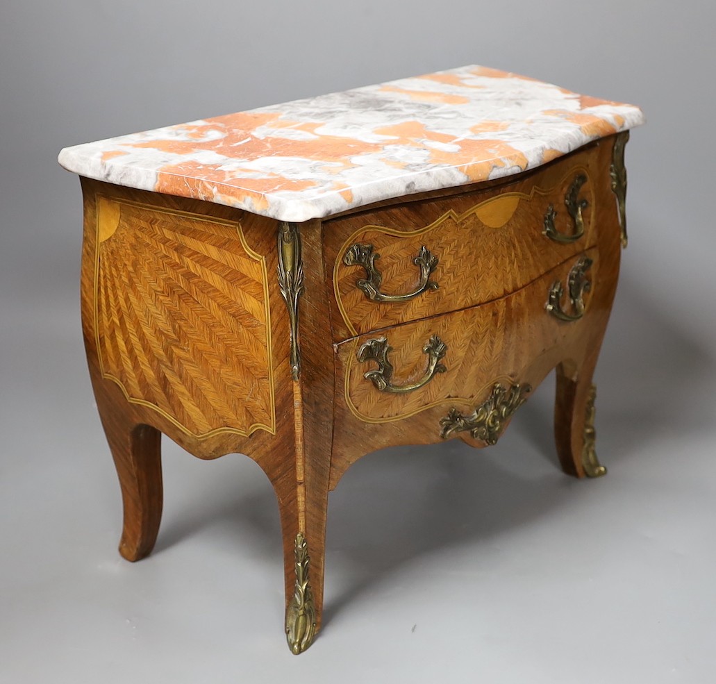 A miniature Louis XV style kingwood and marquetry marble topped serpentine commode, 35cm wide